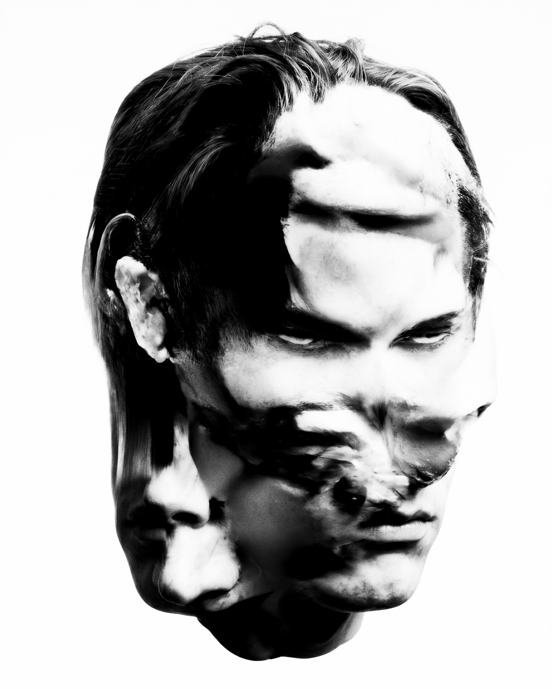 Black-and-white portrait of a head against white, the face collapsing into several overlapping faces — brows, noses and mouths sliding across one another like a blend the model refused to resolve.