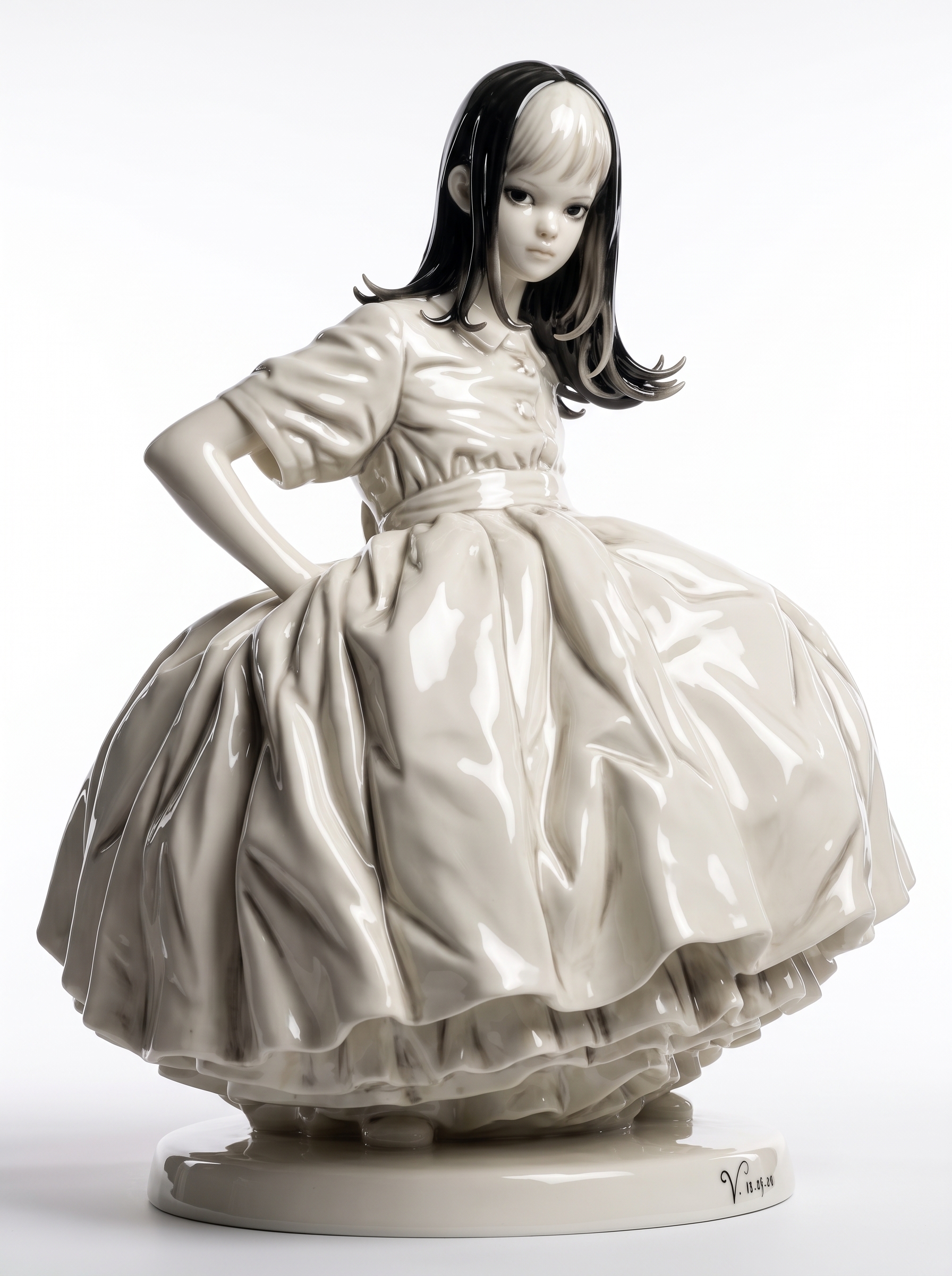 Glossy pale figurine in a voluminous dress, with black hair and a white fringe.
