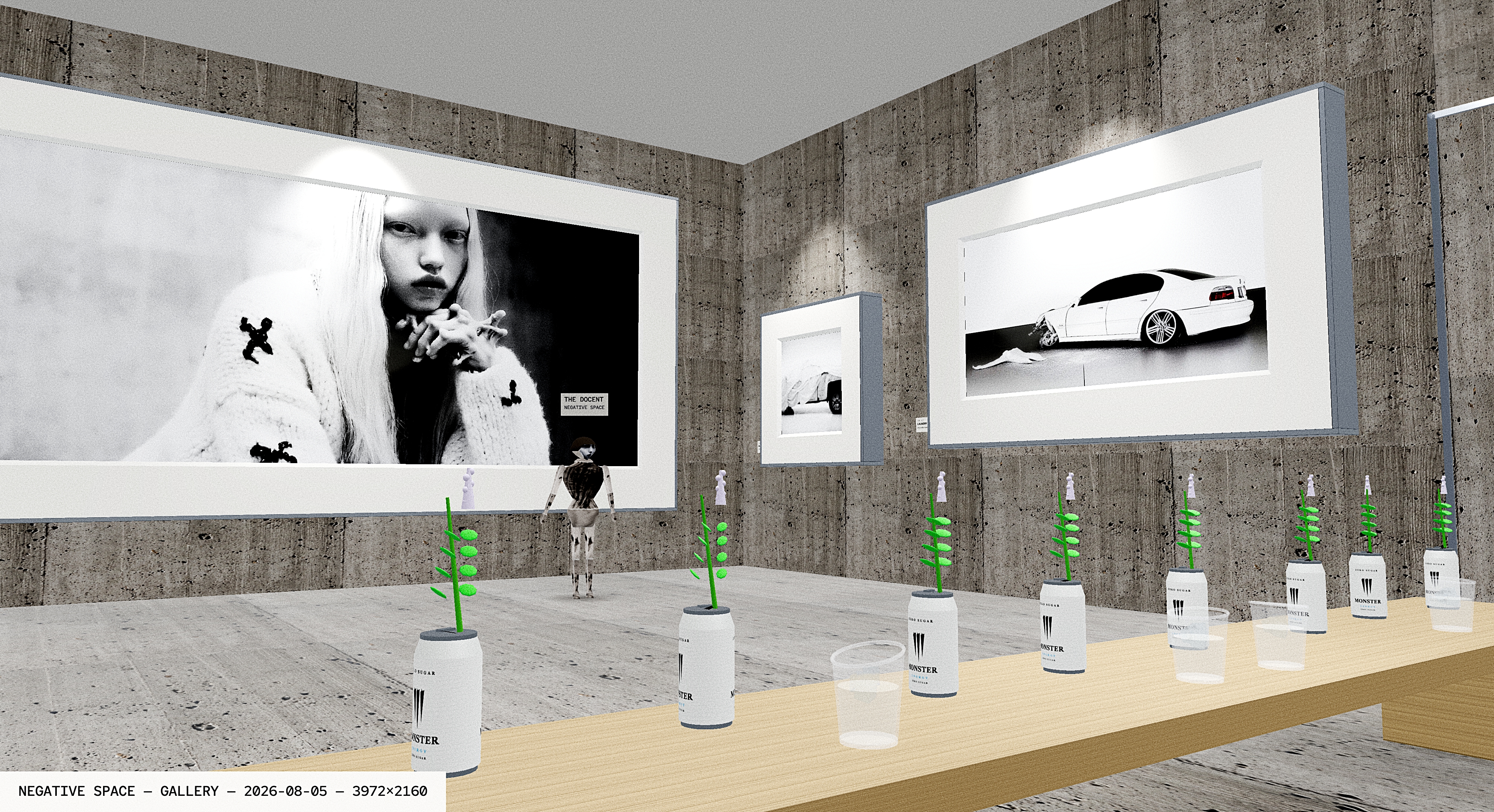 Browser-rendered Negative Space gallery — a concrete room with oversized framed monochrome portraits and a car photograph, an avatar near the back wall, and a pale counter lined with cans holding neon-green stems and clear cups.