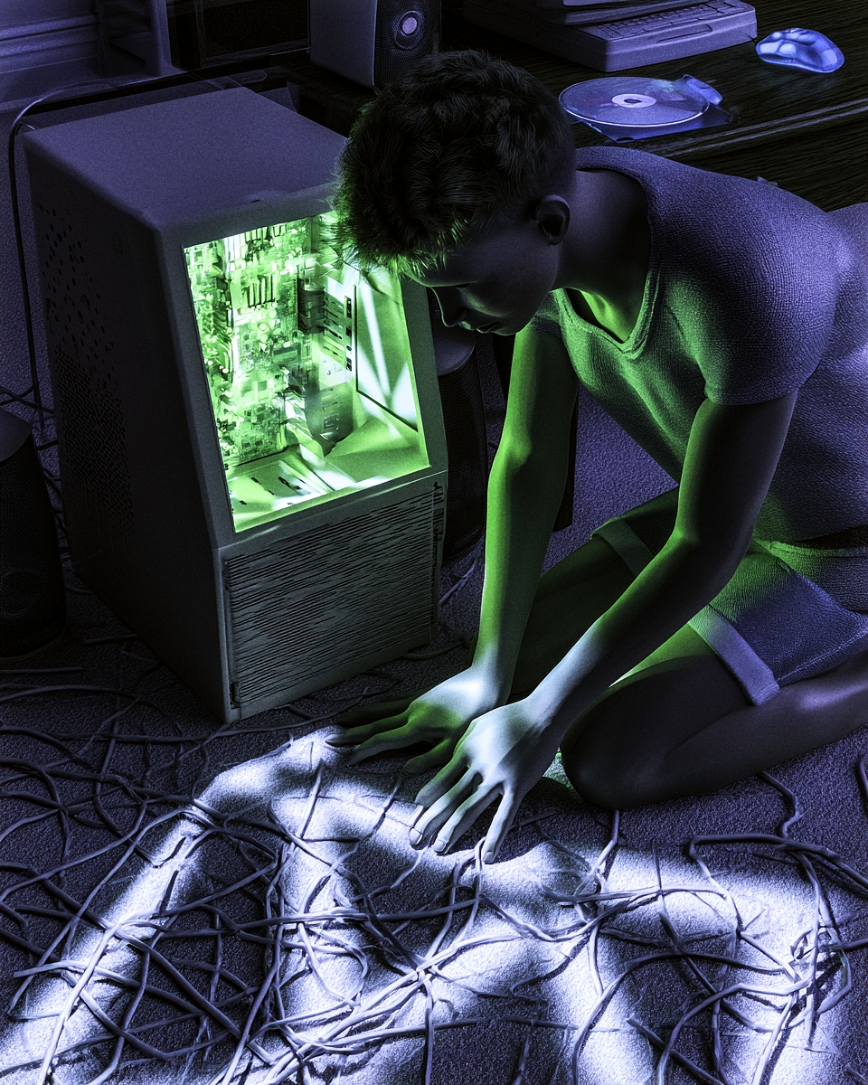 A child kneels on carpet before an open desktop computer tower glowing green, with white cables spread between his hands.