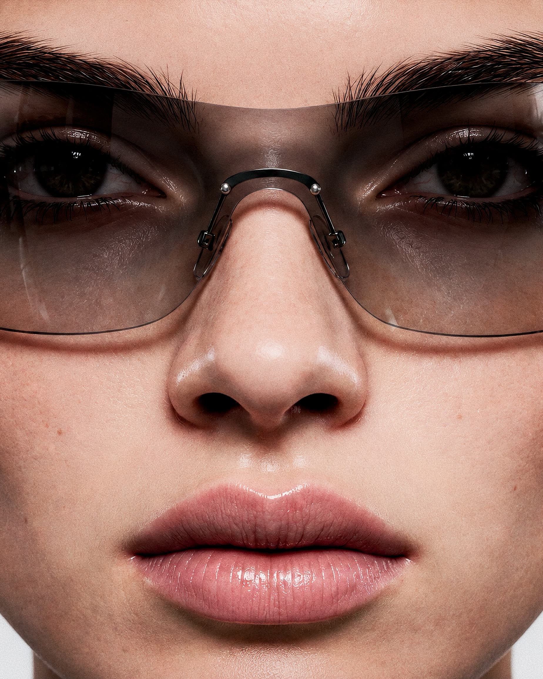 Close portrait looking into the camera, wearing rimless glasses.