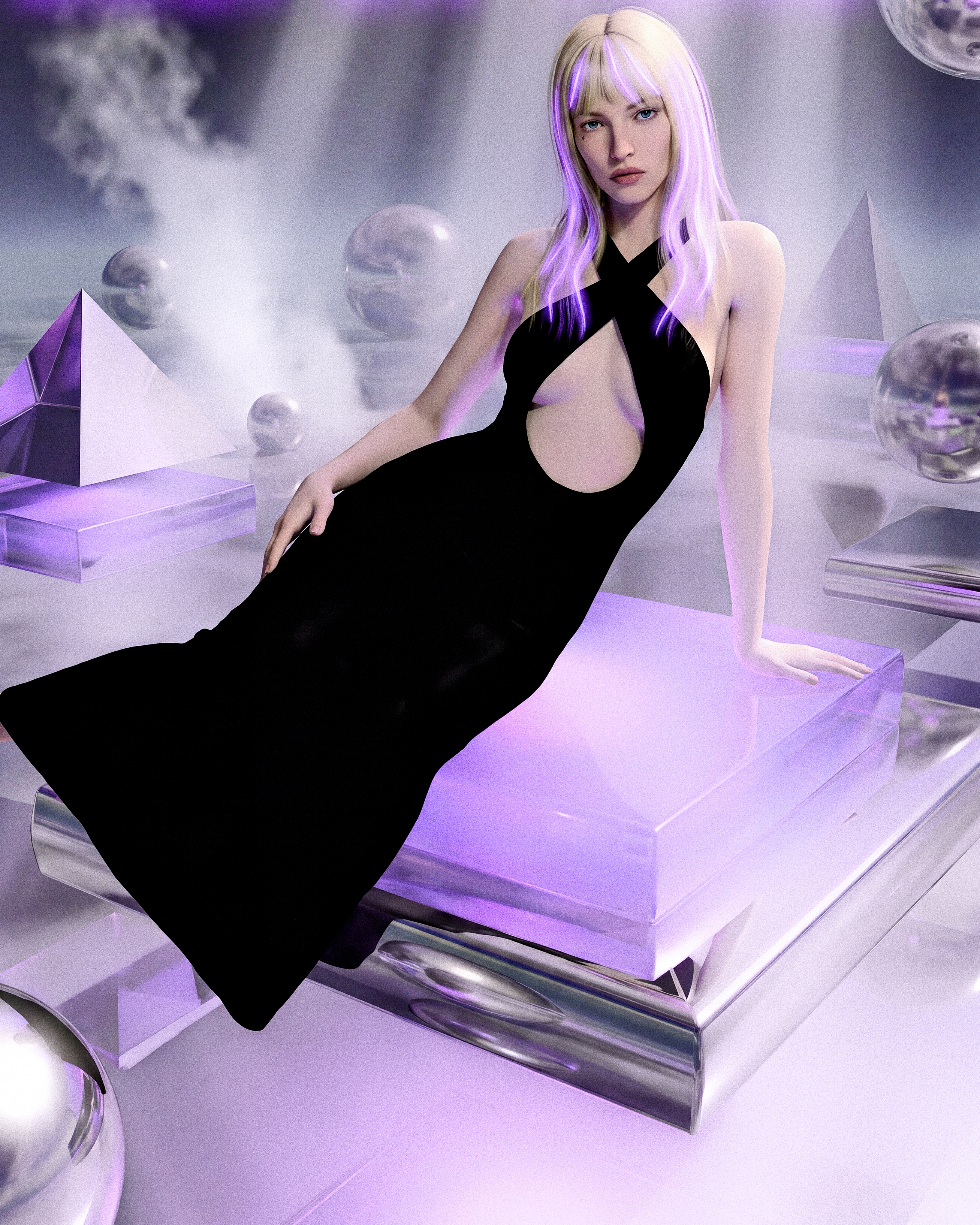 Blonde woman in a black cut-out dress reclining on a glass plinth among purple geometric forms.