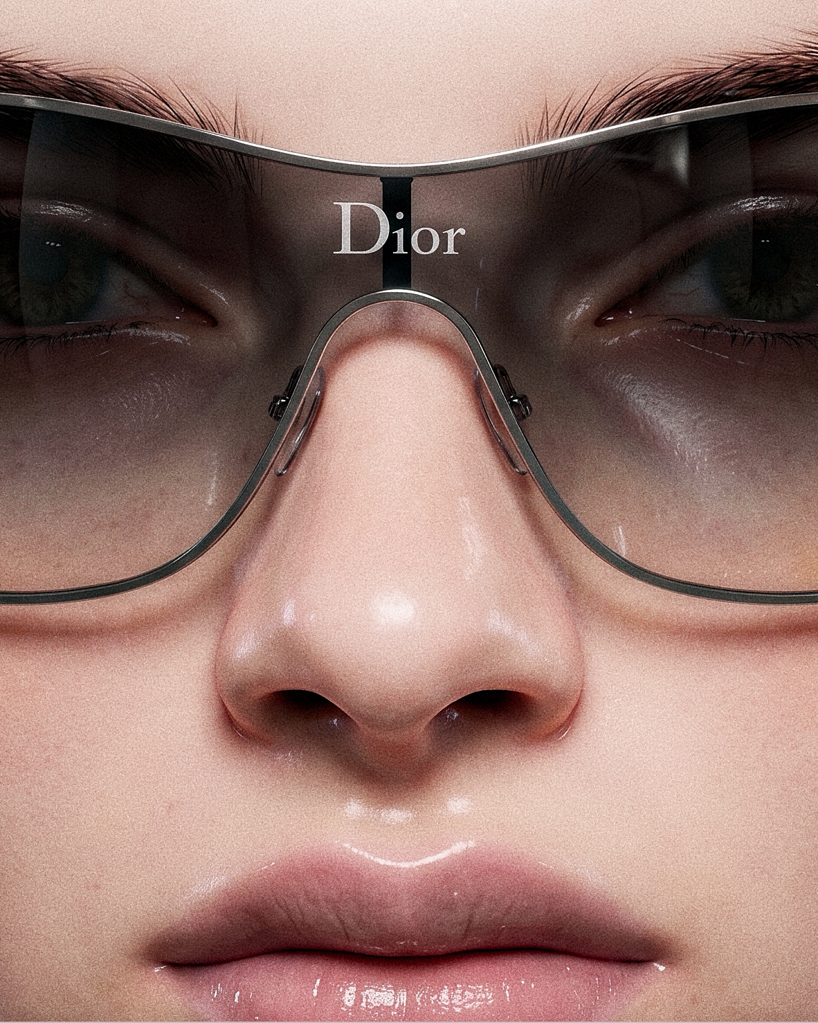 Close-up of a face wearing metal Dior sunglasses with Dior on the bridge.