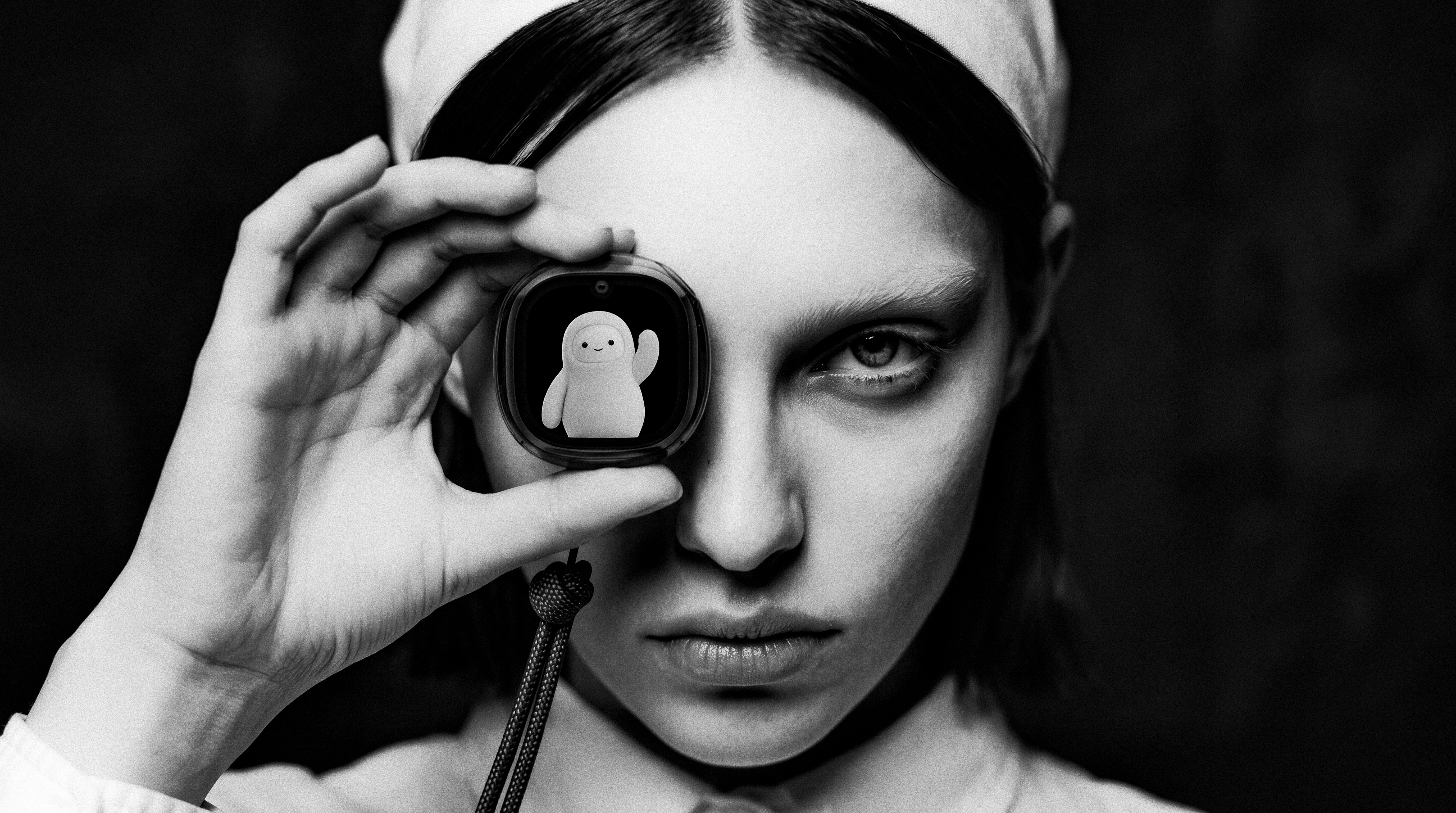 Close-up black-and-white portrait of a model holding the Muse Charm up to her right eye like a loupe.