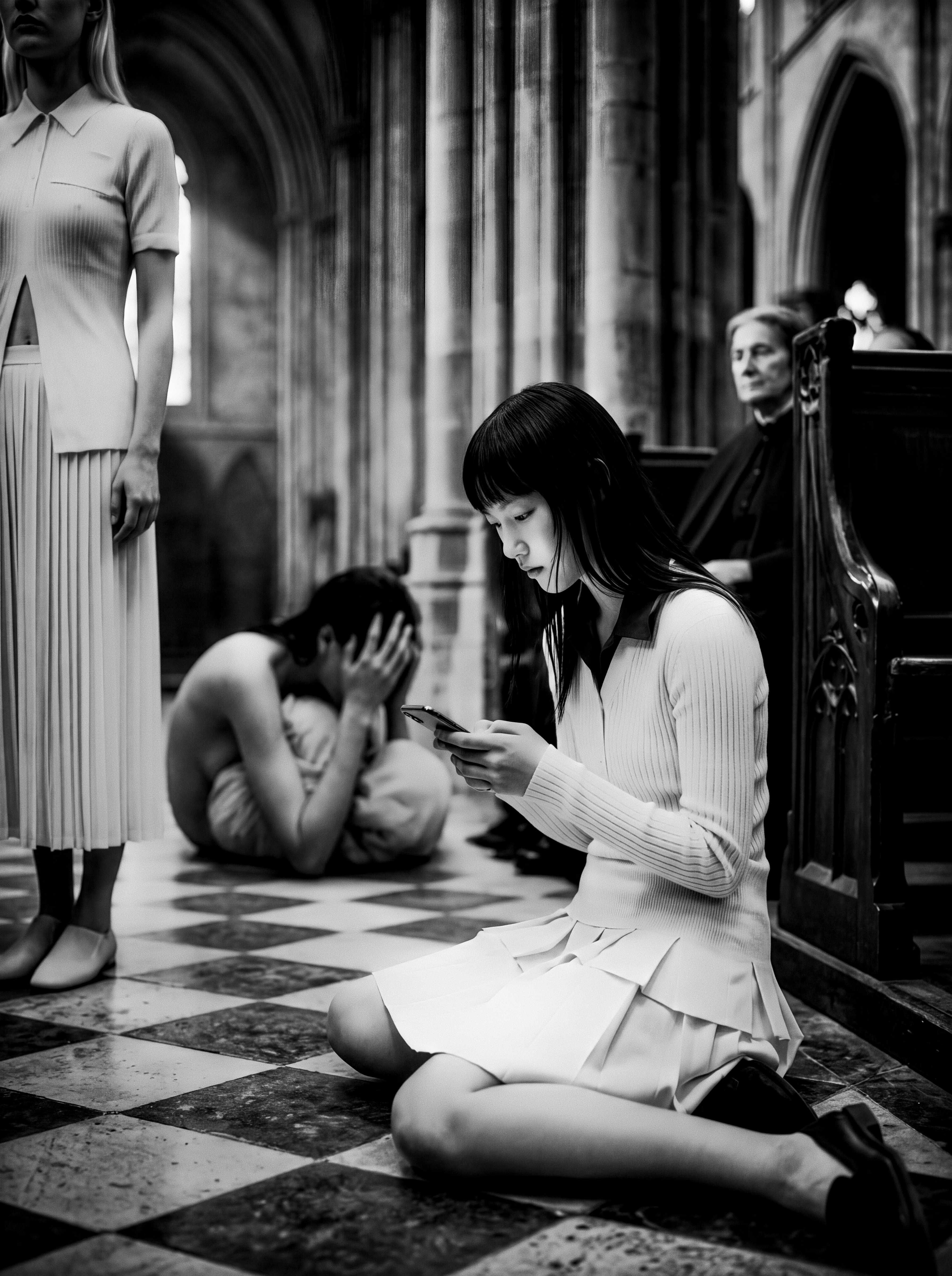 Black-and-white editorial photograph of a model in white kneeling on a cathedral floor with a phone.