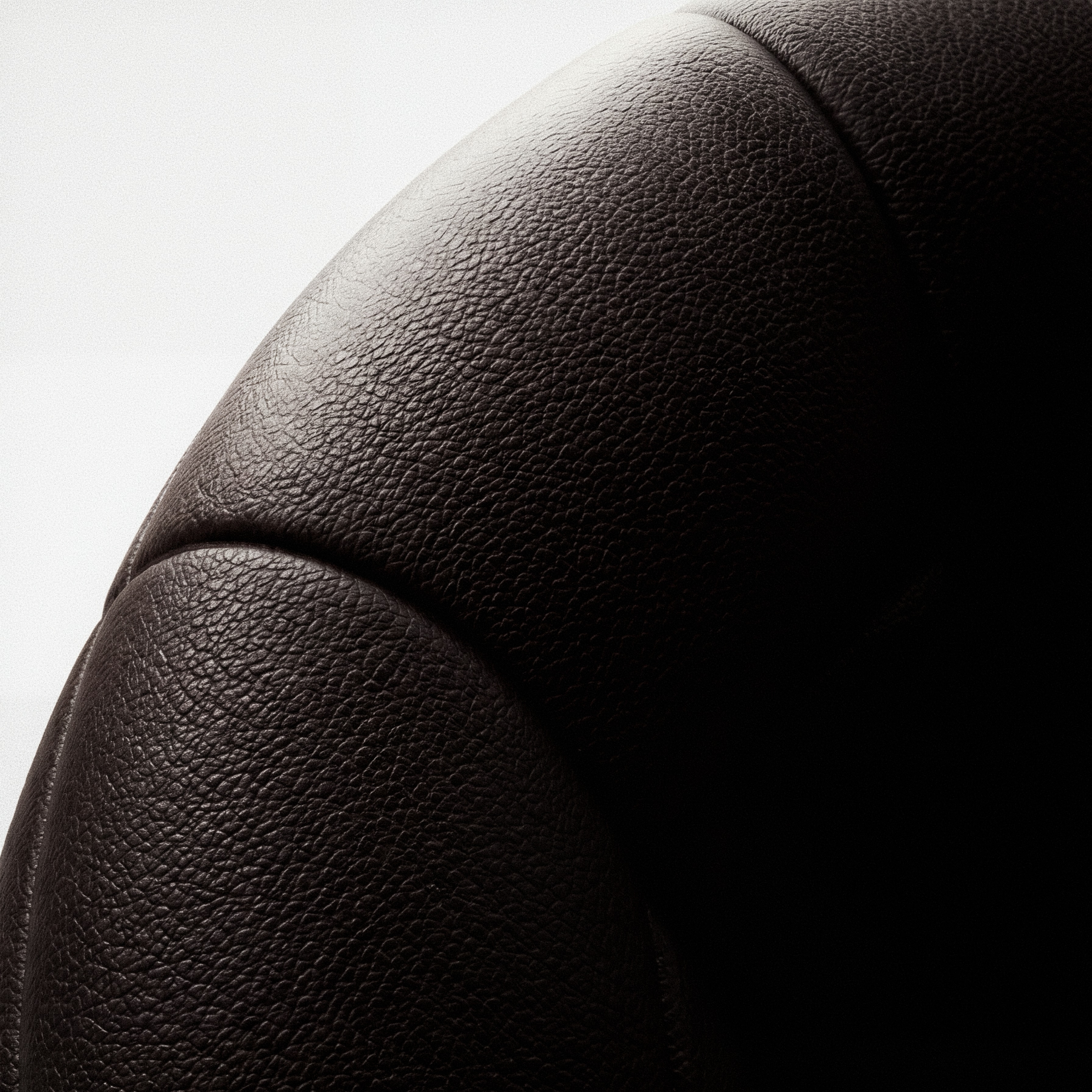 Godland Caldera lounge chair — outer bolster curve in dark pebble-grain hide.