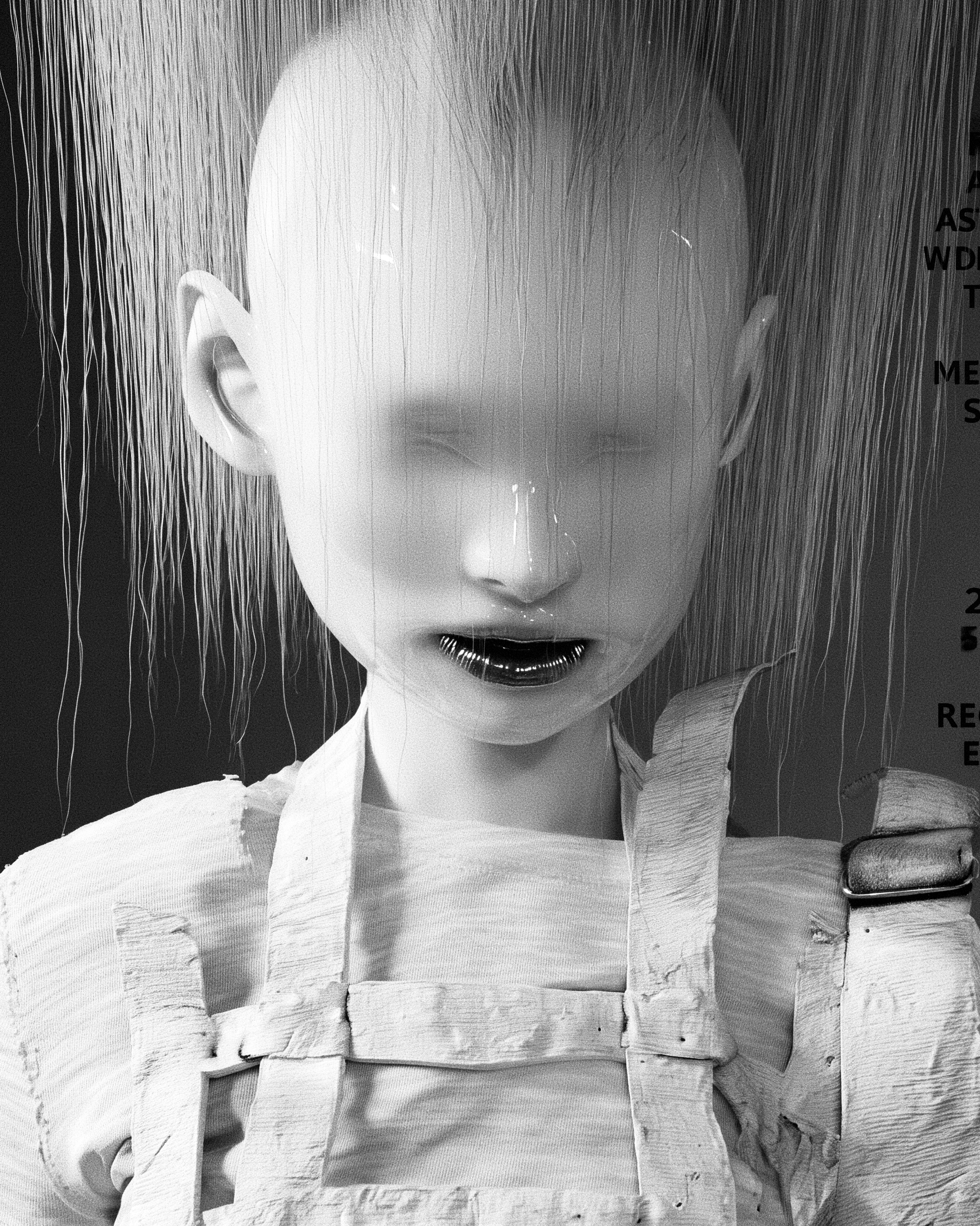Confession Turk Plate 01 — porcelain-skinned gynoid beneath vertical white fibre strands with a metallic speaking aperture and plaster-bandaged straps.