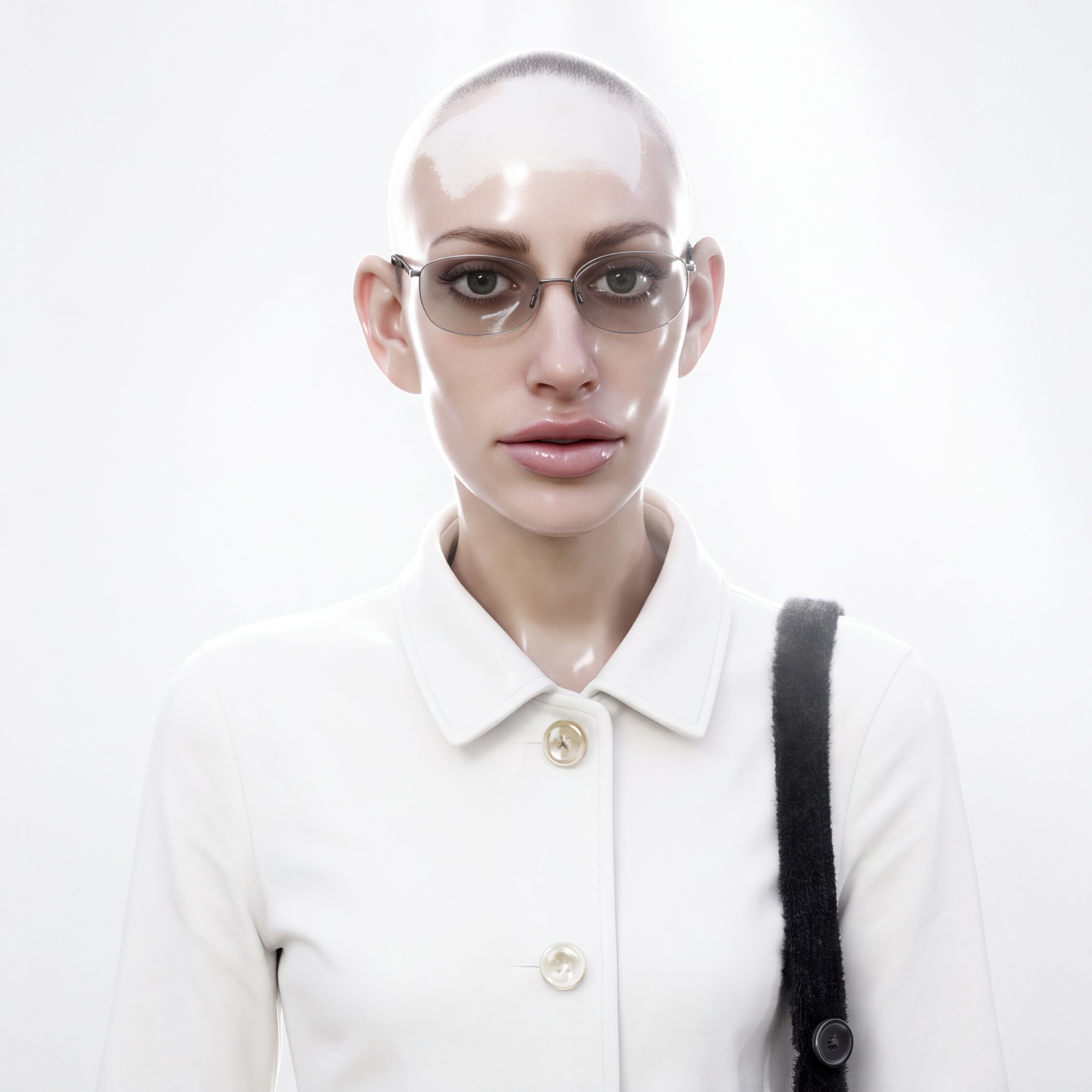 NIIA — frontal high-key portrait with glossed porcelain skin, oval wire-rimmed glasses and white leather coat.