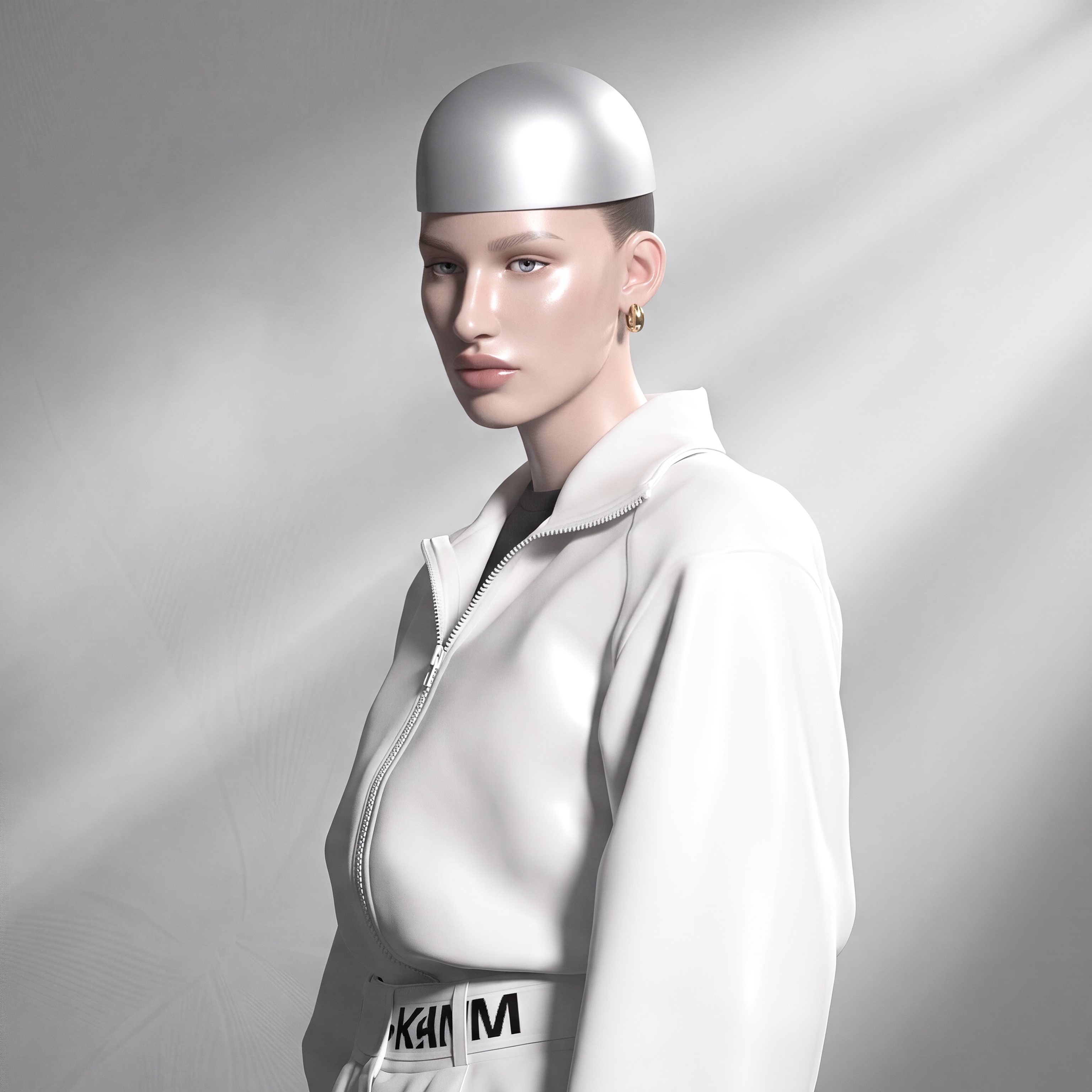 NIIA — three-quarter portrait wearing a brushed-aluminium skullcap and white leather zip jacket against raking studio light.