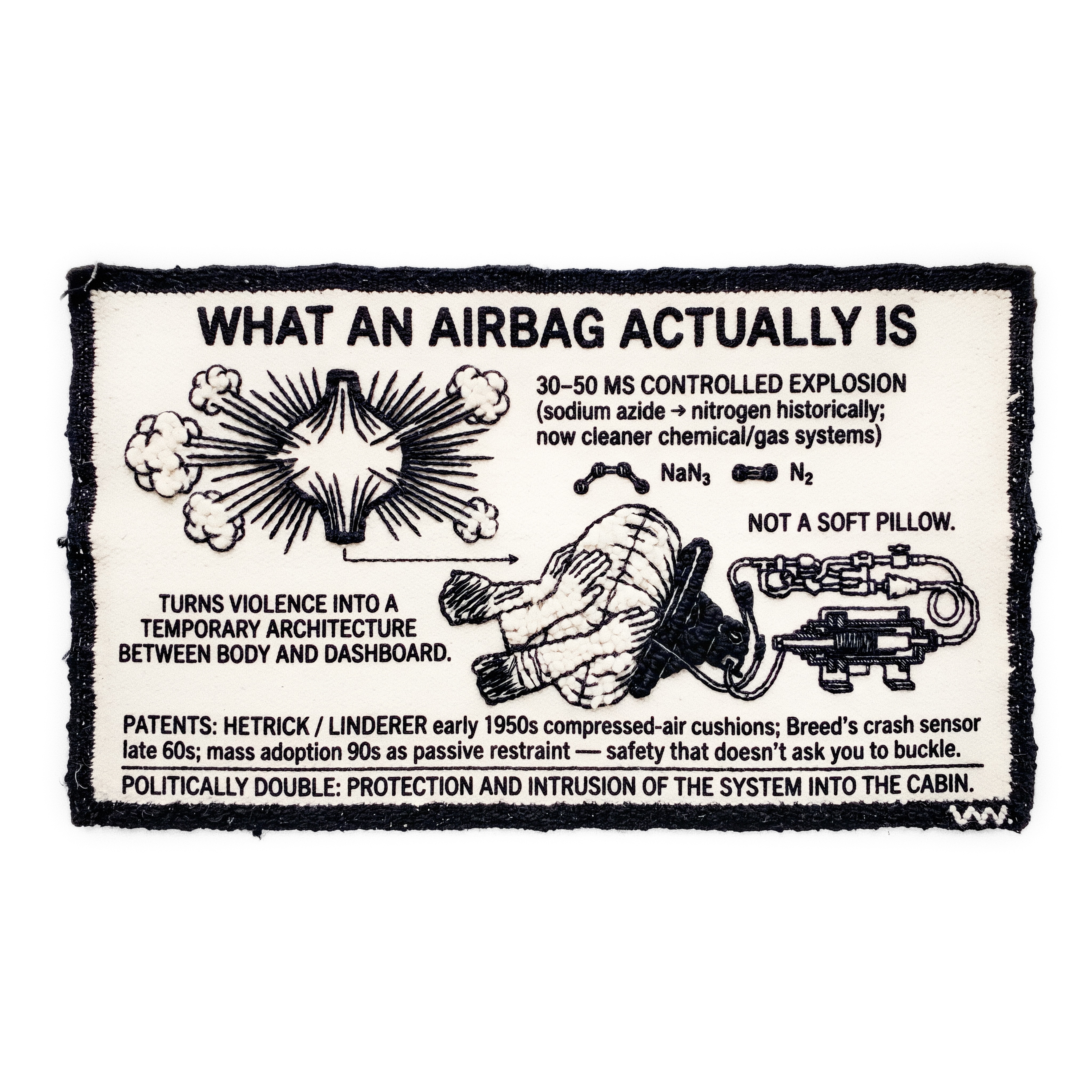 Embroidered canvas patch diagram titled WHAT AN AIRBAG ACTUALLY IS detailing the 30-50 ms sodium azide to nitrogen explosion.