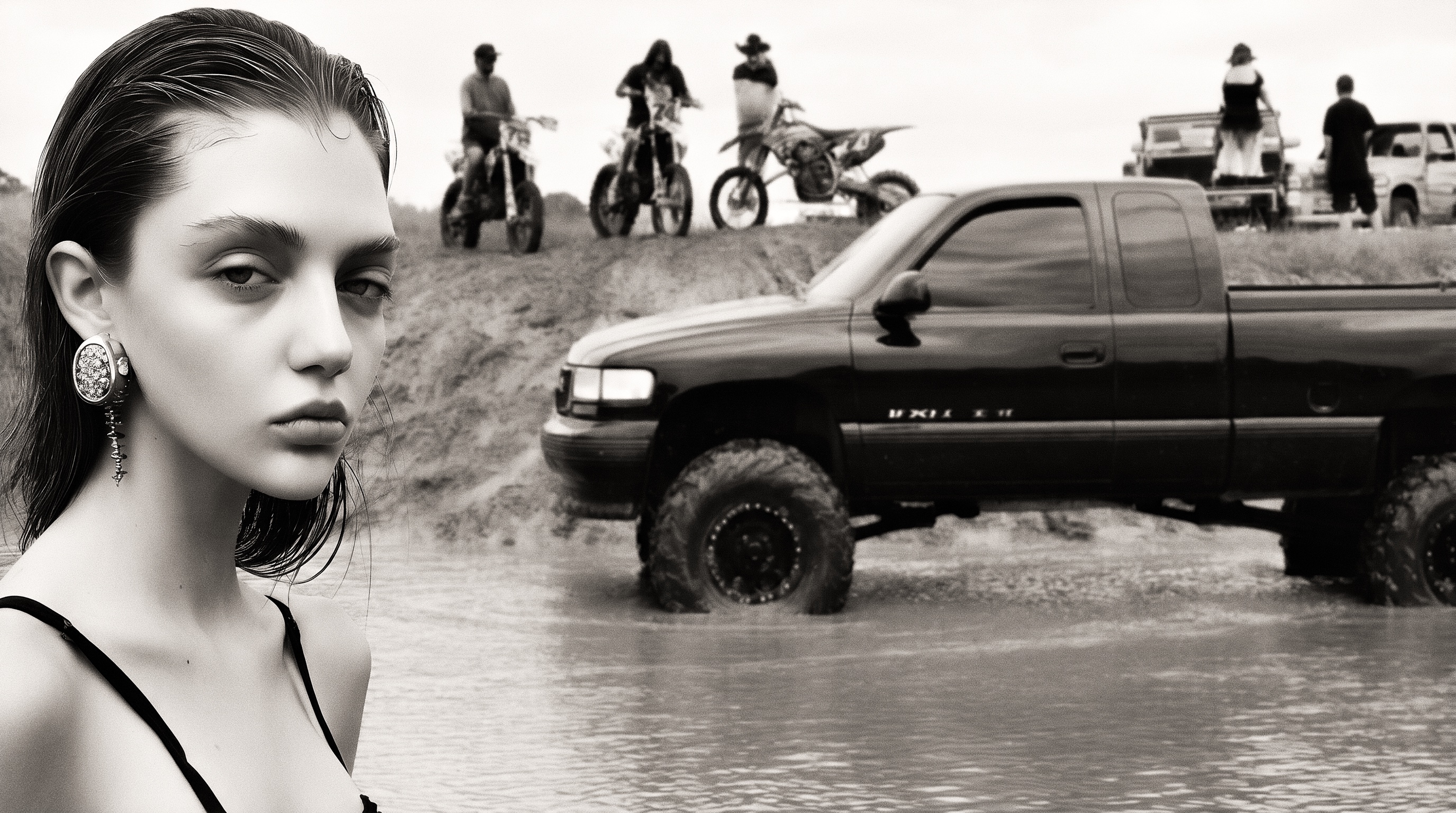 A black-and-white repeated composite of a woman wearing large earrings near a parked truck on muddy ground.