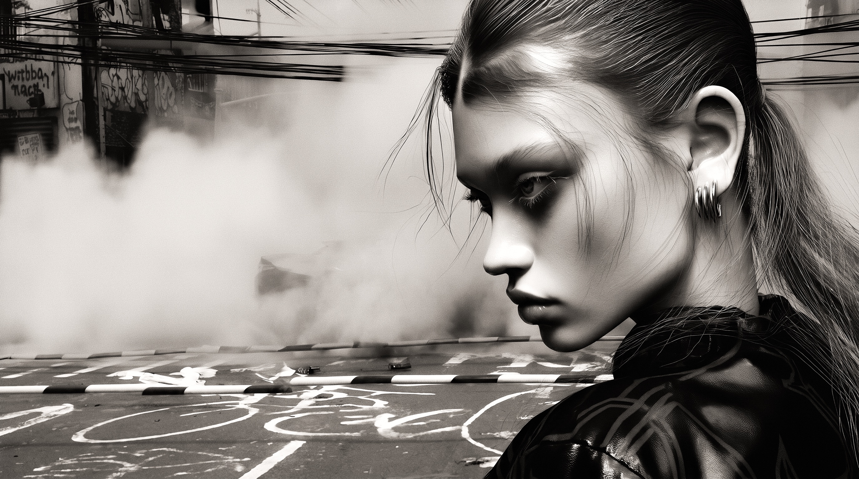 A black-and-white repeated composite of a woman in lace exhaling smoke beneath overhead utility wires.