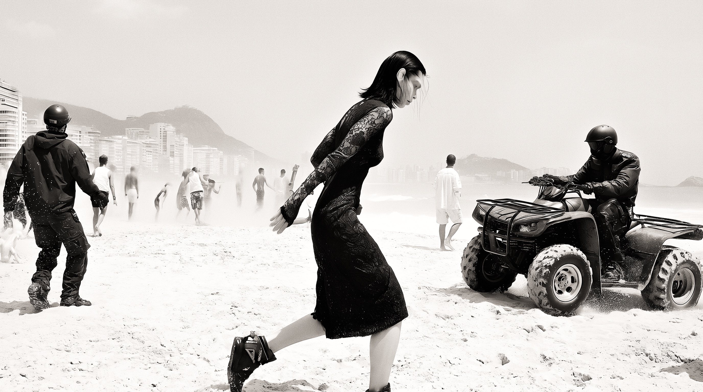 A black-and-white repeated composite of figures, helmets, heels and an ATV across a pale sandy field.