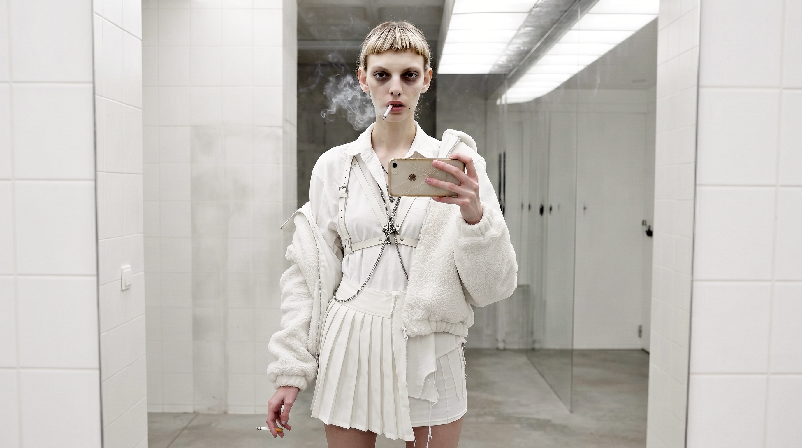 A high-key black-and-white repeated mirror image of a woman holding a phone in front of a white sink.